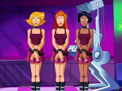  alex bare_legs black_hair blonde_hair choker clover dark_skin expressionless female_only femsub fitzoblong hypnotic_accessory legs long_nails multiple_girls open_mouth orange_hair sam skirt standing standing_at_attention tank_top totally_spies 