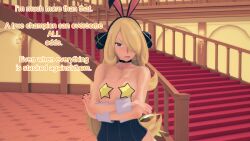 angry aware blonde_hair breasts bunny_ears bunnysuit choker clothed clothed_exposure cynthia dialogue english_text female_only grey_eyes hair_covering_one_eye mustardsauce necklace pasties pokemon pokemon_(anime) solo star_pasties text