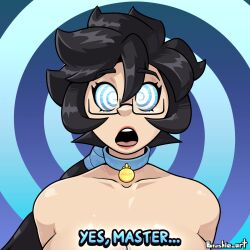 bare_shoulders black_hair blue_background blue_eyes braid breasts brushie_art collar collarbone dog_tags eyebrows_visible_through_hair female_only femsub glasses lipstick long_hair looking_at_viewer nude open_mouth original solo spiral_background spiralwash_eyes text violet_(azalea)