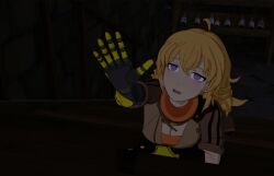 blonde_hair breasts cleavage clothed dazed empty_eyes expressionless fingerless_gloves gloves large_breasts long_hair prosthetic_limb purple_eyes resisting rwby screenshot shrunken_irises spoilers unhappy_trance yang_xiao_long