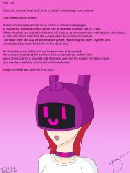 absurdres breasts collar expressionless female_only femsub helmet hypnotic_accessory large_breasts long_hair mci_(mind_control_index) original red_hair tech_control text the_us_doctor visor z-tech_(zko)
