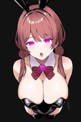 arms_behind_back bare_shoulders batta18th black_background blush bow_tie breasts brown_hair bunny_ears bunny_girl bunnysuit cleavage dazed empty_eyes fake_animal_ears glowing glowing_eyes high_heels large_breasts open_mouth pink_eyes simple_background standing standing_at_attention thighhighs twintails watermark
