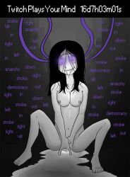  barefoot black_hair bottomless brain_injection breasts drool erect_nipples feet female_only femsub fingering glowing glowing_eyes happy_trance humor hypnotic_accessory large_breasts long_hair masturbation mr.h multiple_doms nipples nude open_mouth original purple_eyes pussy_juice spread_legs tech_control text topless western 