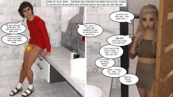 3d accidental_hypnosis bare_shoulders before_and_after blonde_hair brown_eyes brown_hair collarbone comic dialogue femsub hexxet hypnotic_penis juliette_baker long_hair maledom original short_hair skirt text unaware 