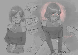  avi_(artist) bare_shoulders before_and_after blush bottomless breasts choker cleavage coin confused consensual denial drool earrings eye_color_change femsub glasses glowing glowing_eyes grey_background instant_loss jewelry maledom necklace open_mouth pants pendulum pink_eyes sex short_hair simple_background sweat text vaginal 