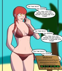  altered_perception anouras bare_breasts bare_legs beach bikini bikini_bottom bikini_top braid breasts chainsaw_man dialogue female_only femsub large_breasts legs light_skin long_hair makima_(chainsaw_man) midriff navel ponytail red_hair sign smile smirk solo speech_bubble standing text thighs unusual_pupils yellow_eyes 