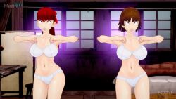 3d bouncing_breasts brown_hair chicken_pose english_text female_only femsub happy_trance koikatsu! large_breasts lunastra makoto_niijima mochi_dance persona_(series) persona_5 persona_5_royal purple_eyes red_hair sumire_yoshizawa text underwear video 