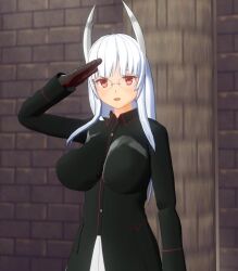  3d before_and_after custom_maid_3d_2 female_only glasses gloves heidemarie_w._schnaufer hidoi_koto_suru_man long_hair looking_at_viewer red_eyes saluting solo standing strike_witches uniform white_hair 