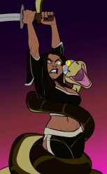  absurdres arms_above_head batman_(series) brown_hair cleavage colorrings crossover dc_comics disney kaa kaa_eyes lipstick midriff navel resisting restrained smile snake spiral_eyes sweat sword tail talia_al_ghul tan_skin the_jungle_book 
