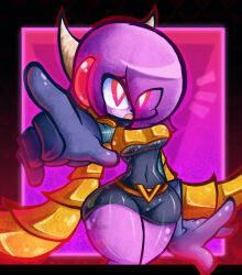  armor bare_legs dragon_girl enemy_conversion female_only femsub freedom_planet glowing_eyes hair_covering_one_eye horns open_mouth pstash purple_hair purple_skin red_eyes robot_girl robotization sash_lilac short_hair simple_background tagme 