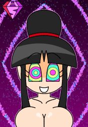  androgynous_dom black_hair chichi collarbone convenient_censoring dragon_ball dragon_ball_z eyebrows_visible_through_hair eyelashes femsub happy_trance hypnoscream kaa_eyes large_breasts looking_at_viewer nude pov_dom simple_background solo straight-cut_bangs tied_hair 