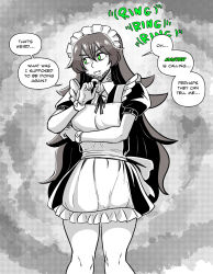 bow_tie character_request clothed confused cuffs drone eyebrows_visible_through_hair fangs female_only femsub glowing_eyes green_eyes grey_background hypnotic_audio legs long_hair maid maid_headdress majinsfw multicolored_hair scales skirt solo standing text unaware