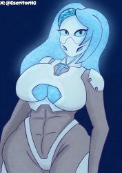 blue_eyes blue_hair drone escritor_hb gas_mask glowing_eyes large_breasts mask robot_girl white_skin