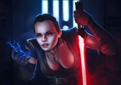  black_hair breasts cleavage collarbone corruption evil_smile haltabart hanging_breasts happy_trance leaning_forward lightsaber necklace rey_(star_wars) short_hair small_breasts smile star_wars yellow_eyes 