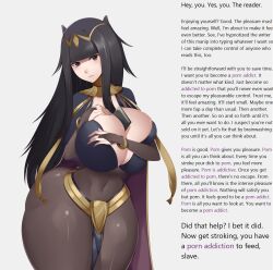 black_hair bluespice breasts caption cleavage female_only femdom fire_emblem fire_emblem_awakening gloves huge_breasts long_hair looking_at_viewer manip nintendo opera_gloves oppaiobsession_(manipper) pov pov_sub text tharja twintails