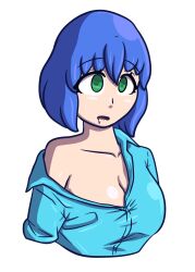  absurdres belle_(majestic) blue_hair cleavage dazed drool empty_eyes expressionless female_only femsub green_eyes large_breasts majestic original purple_eyes short_hair solo unaware 