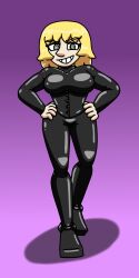 blonde_hair catsuit corset dominatrix gradient_background hand_on_hip hypnotized_dom latex original samantha_(supertechno324) short_hair simple_background smirk spiral_eyes supertechno324