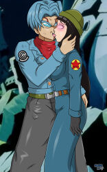  baby_(dragon_ball) black_hair breasts clothed dlobo777 dragon_ball dragon_ball_gt dragon_ball_super empty_eyes expressionless femsub gloves glowing glowing_eyes heterosexual kissing large_breasts mai_(dragon_ball) maledom malesub open_mouth pink_eyes possession standing standing_at_attention trunks_briefs 