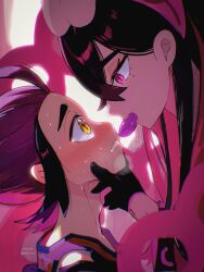blush brother_and_sister carmine_(pokemon) chains chin_hold drool eye_color_change femsub food force_feeding gloves hair_color_change hypnotic_food hypnotized_hypnotist incest kieran_(pokemon) long_hair malesub mole multicolored_hair multiple_subs nintendo pecharunt pink_hair pokemon pokemon_masters pokemon_scarlet_and_violet possession purple_eyes purple_hair shiro_(46isou) short_hair slit_pupils steam sub_on_sub sweat tears yellow_eyes