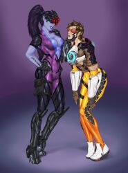 absurdres blue_skin blush bodysuit boots breasts brown_eyes brown_hair chin_hold cleavage corruption dazed evil_smile female_only femdom femsub gloves goggles hand_on_hip knee-high_boots large_breasts latex open_mouth overwatch ponytail purple_hair rotem_dishon short_hair simple_background slime smile tech_control tracer very_long_hair widowmaker yuri