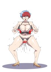  blue_hair breasts censored clothed clothed_exposure dancing femsub glasses high_heels huge_breasts multicolored_hair nintendo penny_(pokemon) pokemon pokemon_scarlet_and_violet red_hair sweat vivid_moti 
