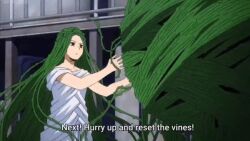  animated animated_gif empty_eyes expressionless female_only femsub green_eyes green_hair hypnotic_voice ibara_shiozaki my_hero_academia screencast spoilers surprised text 