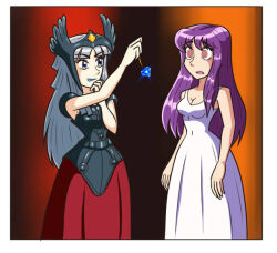 alternate_costume bare_shoulders breasts carlosfco cleavage corruption crystal dress evil_smile femsub glowing green_lipstick grey_eyes hand_on_head happy_trance hilda_polaris hypnotized_hypnotist lipstick long_hair makeup maledom open_mouth poseidon_(saint_seiya) possession purple_hair saint_seiya saori_kido silver_hair smile spiral spiral_eyes symbol_in_eyes