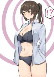  arms_behind_back blush bra breasts brown_hair cleavage clothed expressionless female_only femsub large_breasts mochiuo12 navel open_clothes open_mouth open_shirt orange_eyes original panties ponytail short_hair solo spiral_background spiral_eyes standing standing_at_attention 