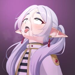 cum cum_in_mouth cum_on_clothes cum_on_face earrings elf elf_ears female_only femsub frieren frieren:_beyond_journey&#039;s_end green_eyes maozi_dan purple_background solo tongue tongue_out white_hair