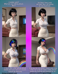  ai_art before_and_after ben_10 bimbofication breast_expansion caption cleavage femsub julie_yamamoto large_breasts multicolored_hair sequence transformation 