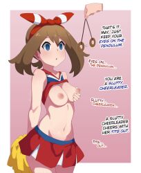  absurdres ai_art blue_eyes border breast_grab breasts_outside brown_hair cheerleader dialogue drool gradient_background guilegaze_(generator) guilegaze_(manipper) hairband long_hair may navel nintendo nipples open_mouth pendulum pokemon pokemon_ruby_sapphire_and_emerald shirt_lift skirt spiral spiral_eyes text 