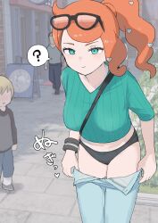  absurdres altered_common_sense blue_eyes breasts confused empty_eyes exhibitionism femsub glasses hair_ornament heart jeans large_breasts leaning_forward nintendo orange_hair outdoors panties pants pokemon pokemon_sword_and_shield ponytail samidare side_ponytail sonia_(pokemon) standing unaware undressing 