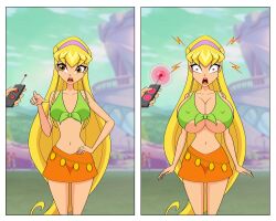 breast_expansion breasts brown_eyes femsub jimryu orange_lipstick red_eyes remote_control skirt stella_(winx_club) winx_club