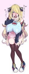  alternate_hairstyle blonde_hair breasts choker cynthia erect_nipples female_only femsub h7u7 leaning_forward nintendo pokemon pokemon_diamond_pearl_and_platinum smile solo tech_control text thighhighs translation_request twintails 