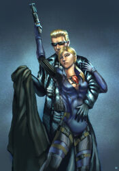  albert_wesker blonde_hair blue_background blue_eyes bodysuit breasts capcom cleavage cric femsub gloves gun harness hug jill_valentine maledom p30 ponytail resident_evil resident_evil_5 simple_background watermark weapon 