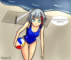  absurdres azur_lane beach cyan_eyes dialogue expressionless female_only graf_spee_(azur_lane) grey_hair one-piece_swimsuit soul swimsuit text 