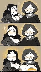  absurdres black_eyes blush breasts breasts_outside brown_background cleavage clothed clothed_exposure confused darkhatboy dazed drool erect_nipples erect_nipples_under_clothes eye_color_change femsub glasses happy_trance humor large_breasts meme milf multiple_girls multiple_subs nipples open_mouth original signature simple_background smile spiral spiral_background spiral_eyes sweat symbol_in_eyes text tongue_out undressing yellow_eyes 