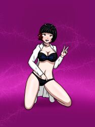  black_hair bra brain_injection breasts cleavage drool empty_eyes erect_nipples female_only femsub happy_trance httpwwwcom hypnotic_accessory large_breasts multicolored_hair panties persona_(series) persona_5 red_hair short_hair solo tae_takemi tech_control underwear 