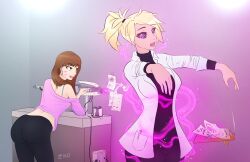  ass blonde_hair breasts brown_hair d.va drool earrings female_only femdom femsub jewelry lab_coat large_breasts long_hair mercy open_mouth overwatch ponytail spiral_eyes spiralwash_eyes symbol_in_eyes tech_control zko zombie_walk 