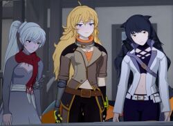  3d animal_ears black_hair blake_belladonna blonde_hair blue_eyes blush breasts cleavage clothed dazed empty_eyes expressionless female_only femsub fingerless_gloves gloves large_breasts long_hair midriff motorcycle multiple_girls multiple_subs prosthetic_limb purple_eyes rwby scarf screenshot spoilers standing unhappy_trance weiss_schnee white_hair yang_xiao_long yellow_eyes 