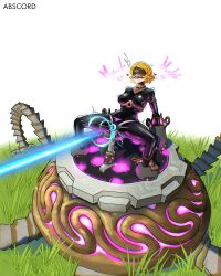 abscord absurdres ball_gag beam blindfold blonde_hair blush bodysuit breasts breath breath_of_the_wild chastity collar drool elf elf_ears female_only femsub gag heart latex love nintendo princess_zelda restrained rubber sex_machine short_hair simple_background solo spread_legs text the_legend_of_zelda tight_clothing trembling vaginal watermark white_background