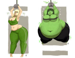 absurdres bbw before_and_after bimbo_sparkles breasts fat female_only freckles green_skin inflation large_breasts midriff original short_hair spiral_eyes symbol_in_eyes transformation weight_gain