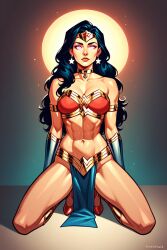  ai_art breasts cleavage dc_comics doctorroy124 expressionless female_only femsub glowing_eyes harem_outfit high_heels kneeling long_hair solo wonder_woman 