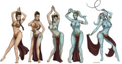  absurdres ass_expansion blue_skin breast_expansion breasts brown_hair cleavage collar collarbone dancer dancing female_only femsub happy_trance hypnotic_drug okayokayokok ponytail princess_leia slave_bikini solo standing star_wars tentacles thighhighs thighs topless transformation twi&#039;lek twintails undressing 