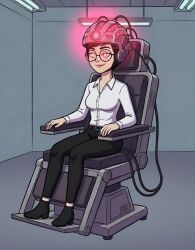 ai_art black_hair carmen_sandiego chair clothed female_only femsub glasses glowing glowing_eyes happy_trance helmet hypnotic_accessory julia_argent_(carmen_sandiego) red_eyes short_hair sitting smile solo tech_control zupern0va_(manipper)