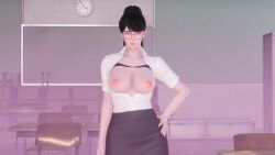  3d absurdres altered_common_sense artist_request black_hair character_request cleavage erect_nipples exposed_chest expressionless female_only femsub glasses hand_on_hip honey_select_2 large_breasts long_hair netorare original purple_eyes skirt solo teacher unaware 