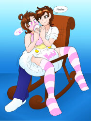 absurdres age_regression ahoge blush brown_hair chair crossdressing diaper goggles kobi94 male_only maledom malesub original pink_eyes poofy_diaper text thighhighs