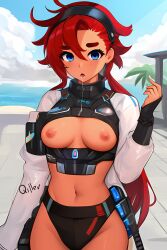  ahoge ai_art blue_eyes breasts dark_skin drool empty_eyes expressionless female_only femsub gundam_(series) gundam_the_witch_from_mercury hair_band nipples open_mouth qiller red_hair solo stable_diffusion_(ai) standing suletta_mercury 