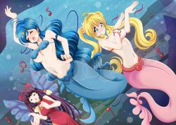    ahoge aware bare_shoulders bikini bikini_top blonde_hair blue_eyes blue_hair blush body_control bracelet bubble closed_eyes dancing dress earrings embarrassed female_only femdom femsub fish_girl hanon_hosho hypnotic_music lanhua_(mermaid_melody_pichi_pichi_pitch) long_hair lucia_nanami mermaid mermaid_melody_pichi_pichi_pitch midriff monster_girl music navel open_mouth seashell_clothing singing underwater very_long_hair wah-ngt water watermark wings 