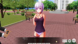 3d antenna blue_eyes body_control boots brown_hair business_suit dialogue dress dress_shirt empty_eyes expressionless glasses hitori humiliation multiple_girls original panties purple_eyes purple_hair remote_control short_hair tech_control text underwear undressing